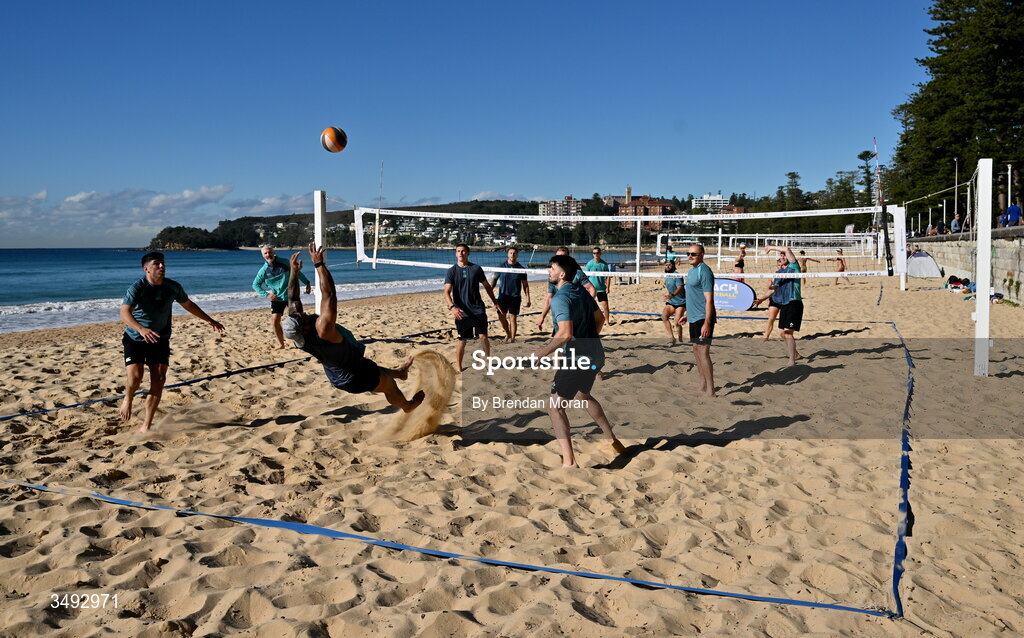 24 June 2026; Ireland rugby squad member Bundee Aki and teammates as the squad relaxed with a game of beach volleyball on Manly Beach in Sydney, Australia. Photo by Brendan Moran/Sportsfile