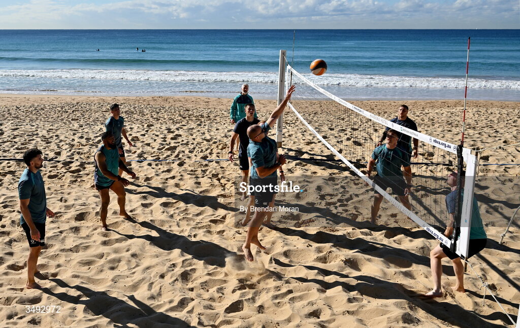 24 June 2026; Ireland rugby squad member Jacob Stockdale and teammates as the squad relaxed with a game of beach volleyball on Manly Beach in Sydney, Australia. Photo by Brendan Moran/Sportsfile