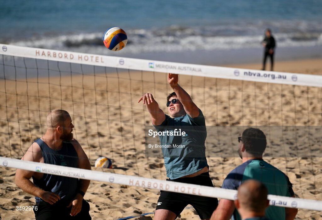 24 June 2026; Ireland rugby squad member Billy Bohan as the squad relaxed with a game of beach volleyball on Manly Beach in Sydney, Australia. Photo by Brendan Moran/Sportsfile