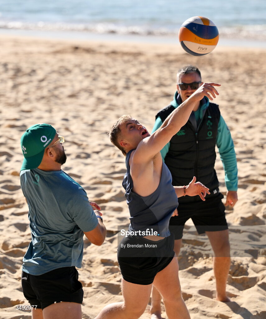 24 June 2026; Ireland rugby squad member Craig Casey, centre, as the squad relaxed with a game of beach volleyball on Manly Beach in Sydney, Australia. Photo by Brendan Moran/Sportsfile