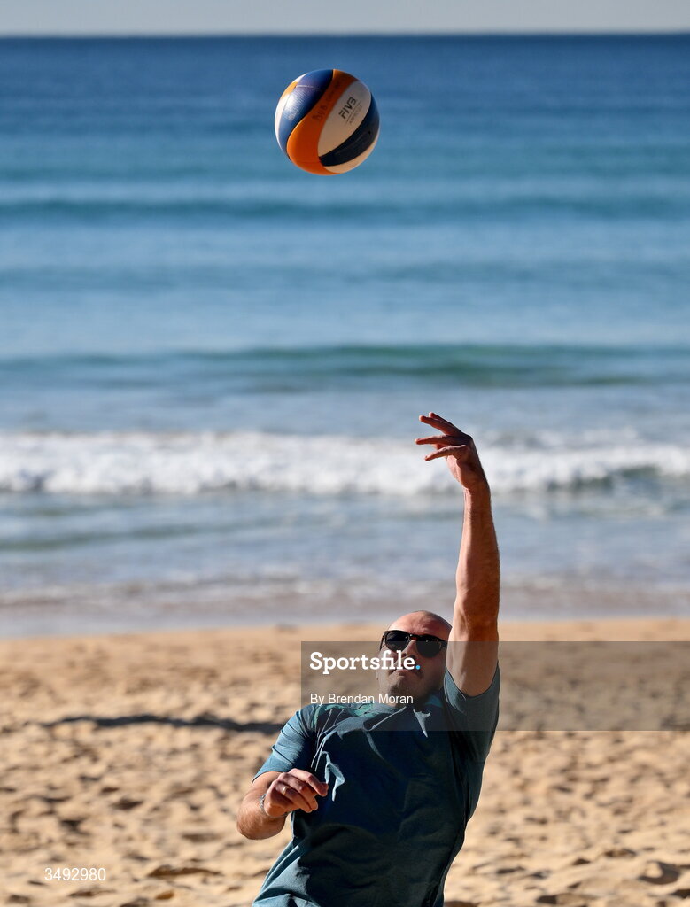 24 June 2026; Ireland rugby squad member Jacob Stockdale as the squad relaxed with a game of beach volleyball on Manly Beach in Sydney, Australia. Photo by Brendan Moran/Sportsfile