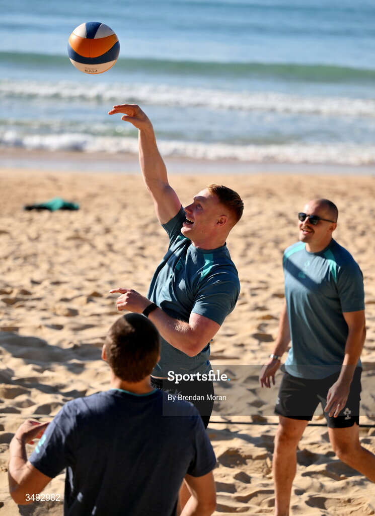 24 June 2026; Ireland rugby squad member Ciarán Frawley as the squad relaxed with a game of beach volleyball on Manly Beach in Sydney, Australia. Photo by Brendan Moran/Sportsfile