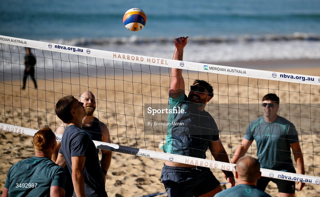 24 June 2026; Ireland rugby squad member Tom O’Toole as the squad relaxed with a game of beach volleyball on Manly Beach in Sydney, Australia. Photo by Brendan Moran/Sportsfile