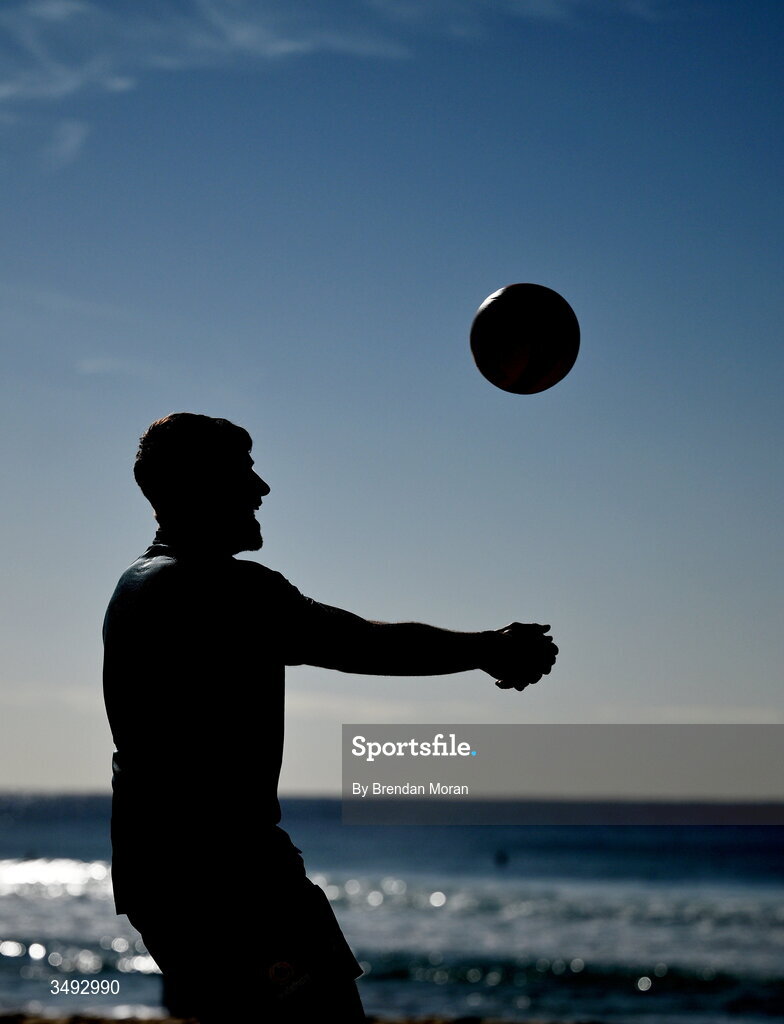 24 June 2026; Ireland rugby squad member Hugo Keenan as the squad relaxed with a game of beach volleyball on Manly Beach in Sydney, Australia. Photo by Brendan Moran/Sportsfile
