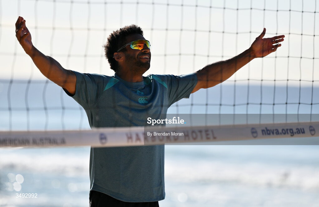 24 June 2026; Ireland rugby squad member Robert Baloucoune as the squad relaxed with a game of beach volleyball on Manly Beach in Sydney, Australia. Photo by Brendan Moran/Sportsfile