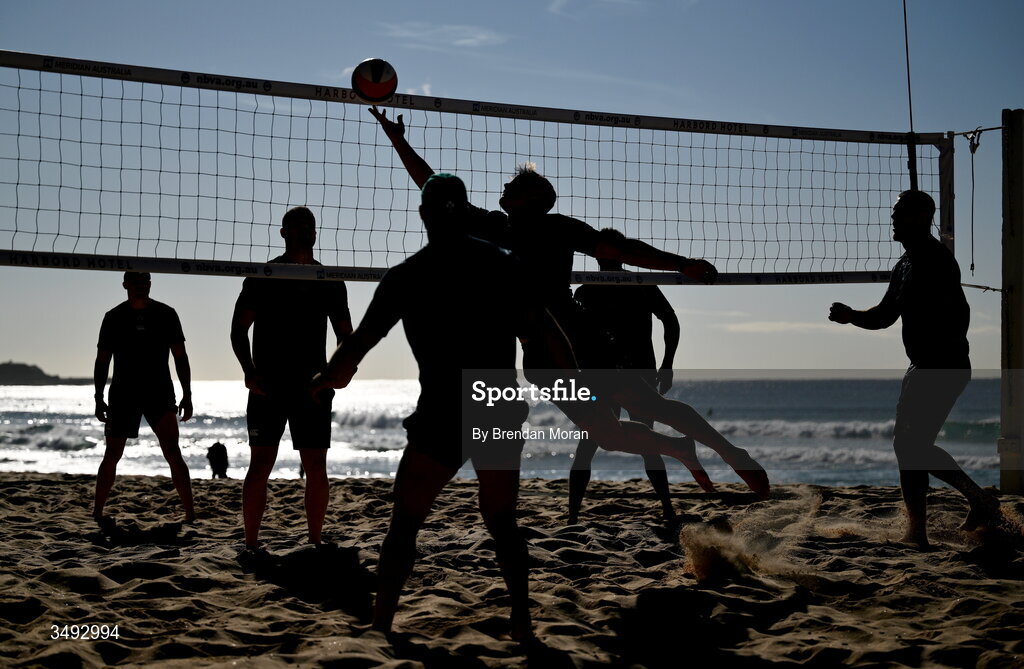 24 June 2026; Ireland rugby squad member Josh van der Flier and teammates as the squad relaxed with a game of beach volleyball on Manly Beach in Sydney, Australia. Photo by Brendan Moran/Sportsfile