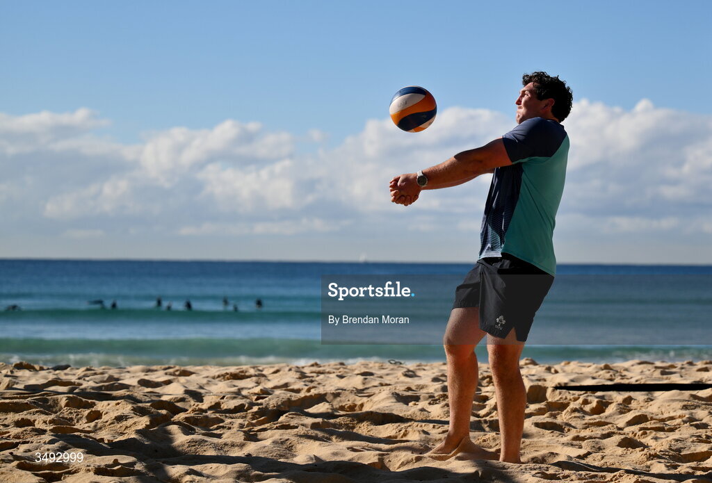 24 June 2026; Ireland rugby squad member Tom Stewart as the squad relaxed with a game of beach volleyball on Manly Beach in Sydney, Australia. Photo by Brendan Moran/Sportsfile