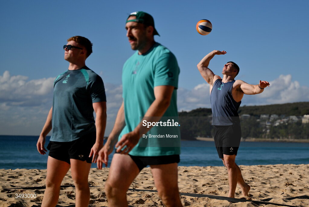 24 June 2026; Ireland rugby squad member Nick Timoney as the squad relaxed with a game of beach volleyball on Manly Beach in Sydney, Australia. Photo by Brendan Moran/Sportsfile