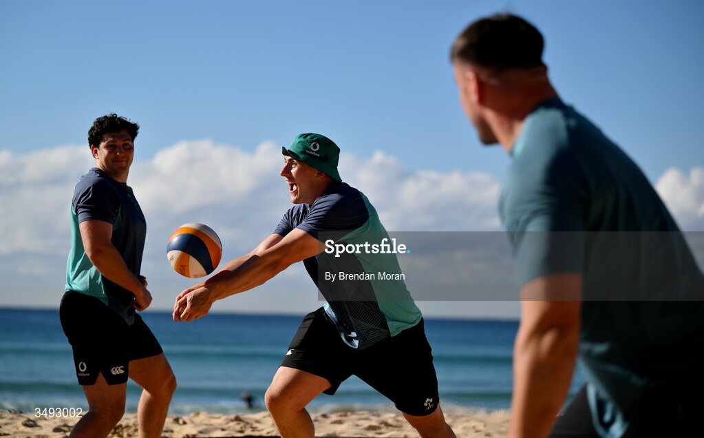 24 June 2026; Ireland rugby squad captain Dan Sheehan as the squad relaxed with a game of beach volleyball on Manly Beach in Sydney, Australia. Photo by Brendan Moran/Sportsfile