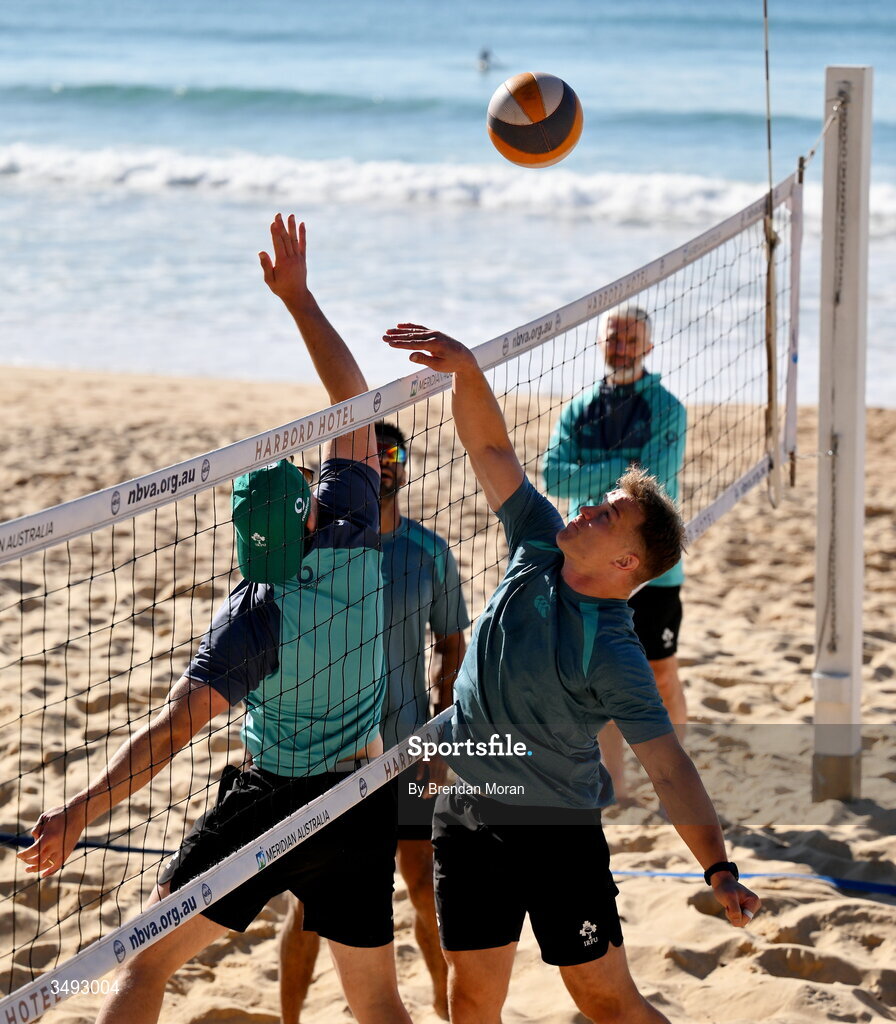 24 June 2026; Ireland rugby squad members Robbie Henshaw, left, and Josh van der Flier as the squad relaxed with a game of beach volleyball on Manly Beach in Sydney, Australia. Photo by Brendan Moran/Sportsfile