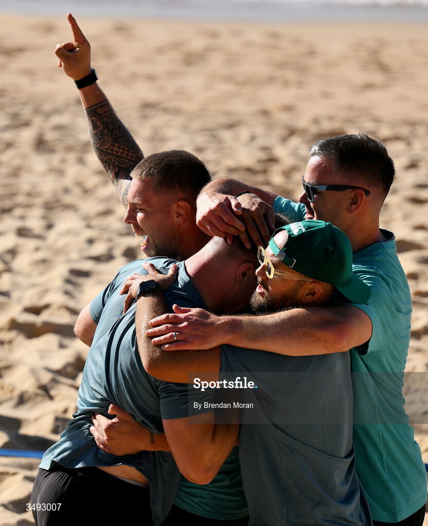 24 June 2026; Ireland rugby squad members Sean Jansen, Josh van der Flier, Jamison Gibson-Park and assistant coach Jonathan Sexton as the squad relaxed with a game of beach volleyball on Manly Beach in Sydney, Australia. Photo by Brendan Moran/Sportsfile