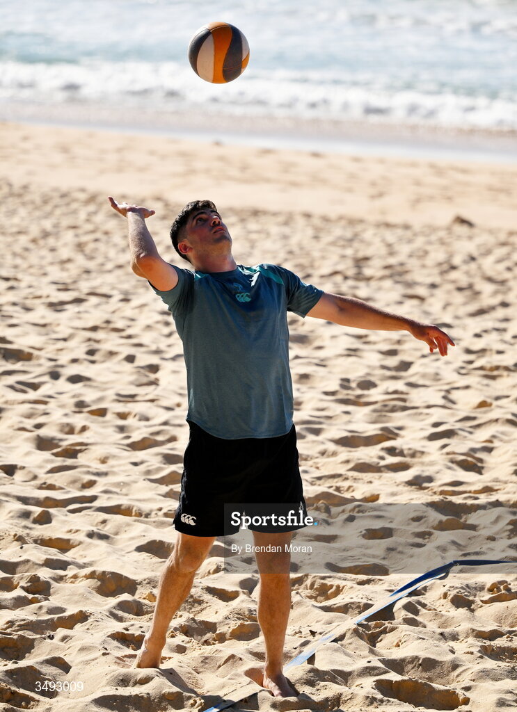 24 June 2026; Ireland rugby squad member Jimmy O'Brien as the squad relaxed with a game of beach volleyball on Manly Beach in Sydney, Australia. Photo by Brendan Moran/Sportsfile