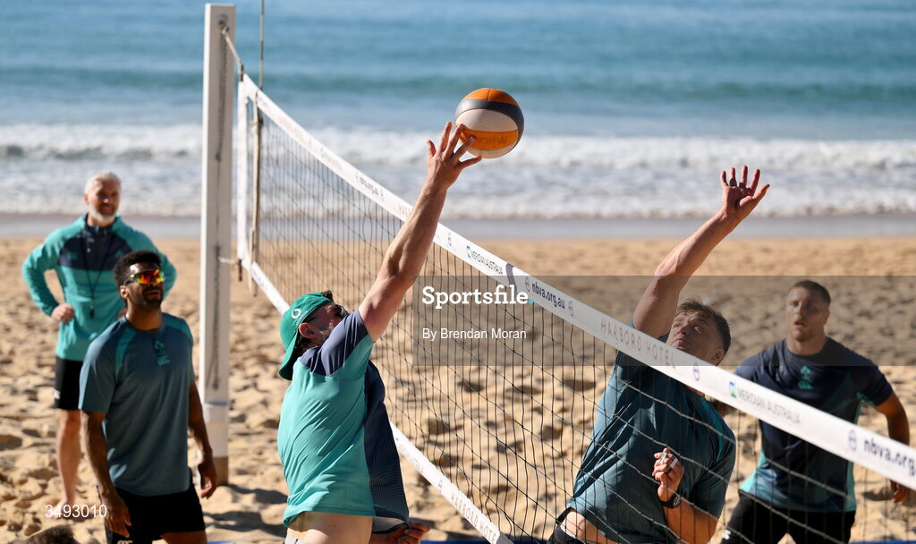 24 June 2026; Ireland rugby squad member Robbie Henshaw, left, and Josh van der Flier as the squad relaxed with a game of beach volleyball on Manly Beach in Sydney, Australia. Photo by Brendan Moran/Sportsfile