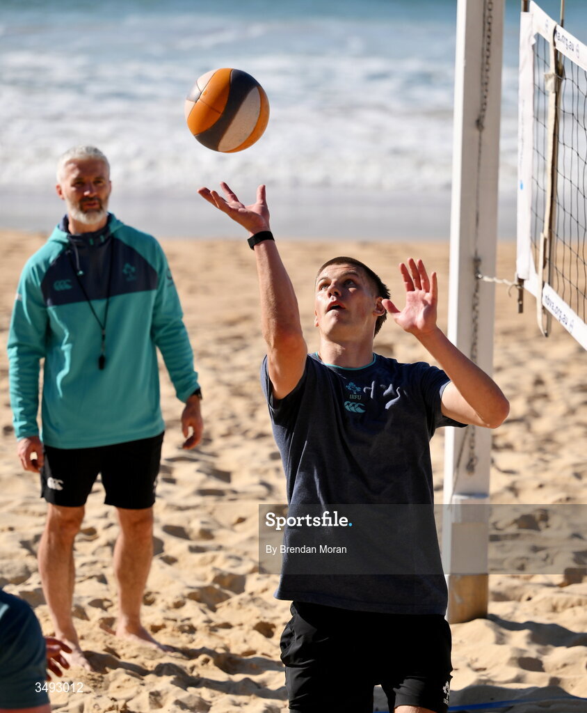 24 June 2026; Ireland rugby squad member Sam Prendergast as the squad relaxed with a game of beach volleyball on Manly Beach in Sydney, Australia. Photo by Brendan Moran/Sportsfile