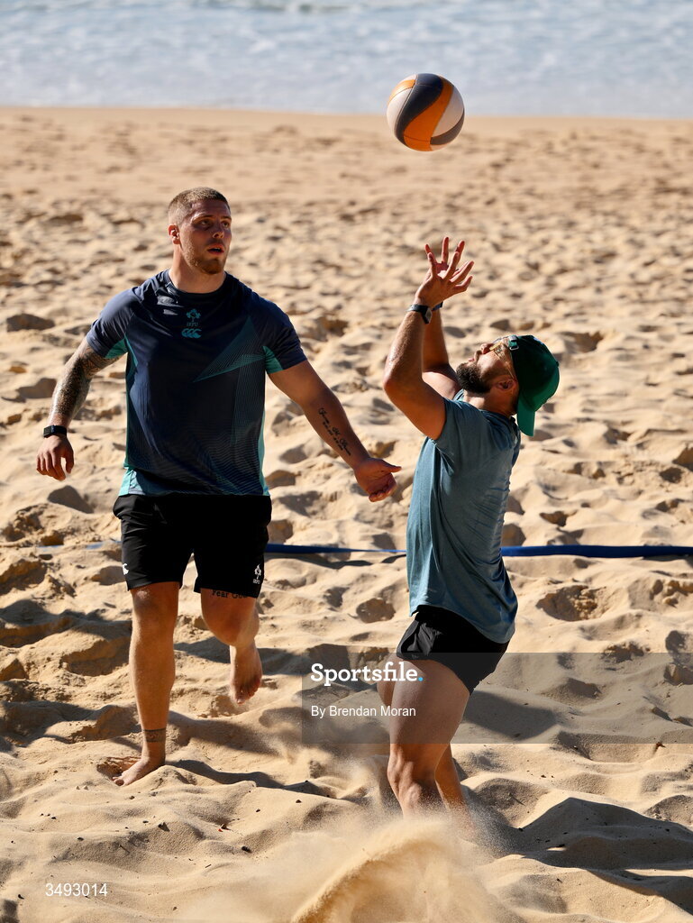 24 June 2026; Ireland rugby squad members Jamison Gibson-Park, right, and Sean Jansen as the squad relaxed with a game of beach volleyball on Manly Beach in Sydney, Australia. Photo by Brendan Moran/Sportsfile
