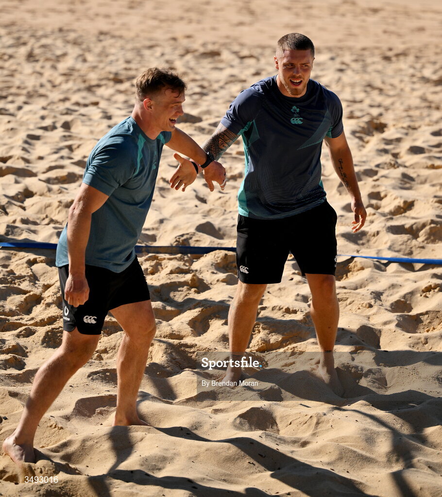 24 June 2026; Ireland rugby squad members Josh van der Flier, left, and Sean Jansen as the squad relaxed with a game of beach volleyball on Manly Beach in Sydney, Australia. Photo by Brendan Moran/Sportsfile