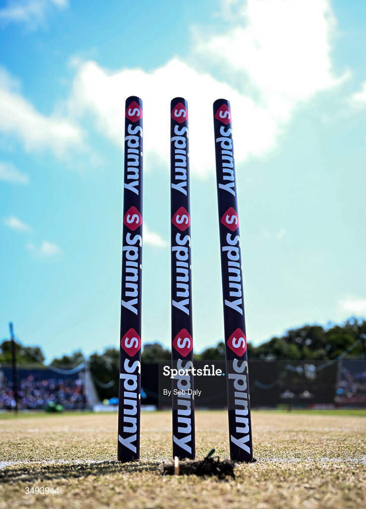 26 June 2026; A view of the stumps before match one of the Spinny Cup Men's T20 International series between Ireland and India at Stormont in Belfast. Photo by Seb Daly/Sportsfile