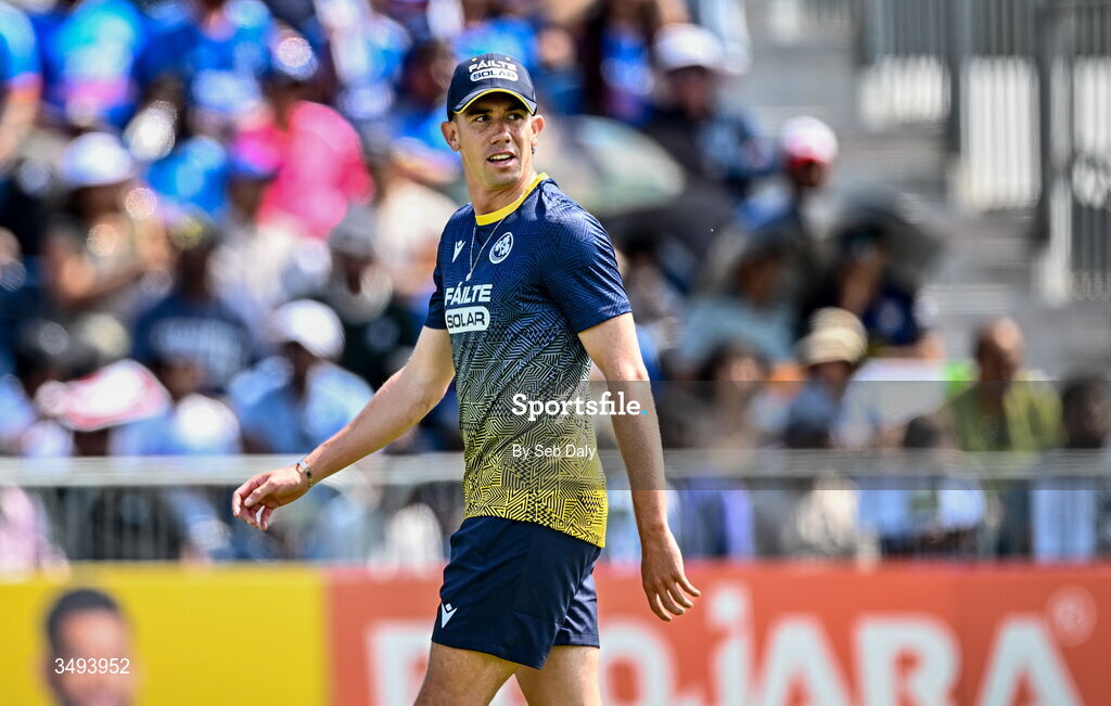 26 June 2026; Matthew Hollard of Ireland before match one of the Spinny Cup Men's T20 International series between Ireland and India at Stormont in Belfast. Photo by Seb Daly/Sportsfile