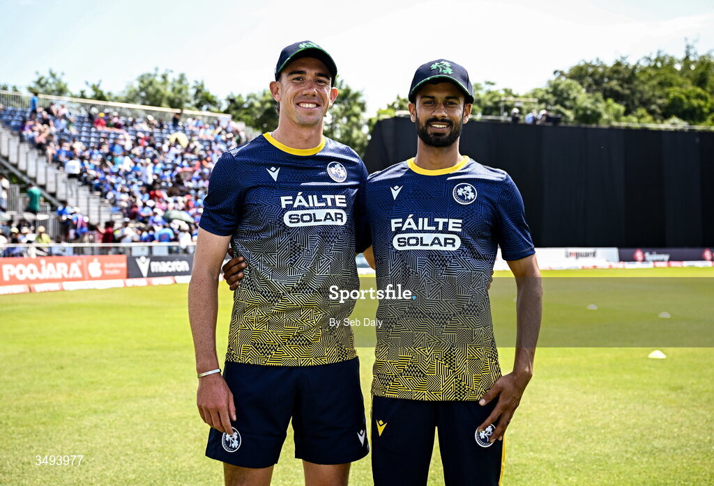 26 June 2026; Ireland debutants Matthew Hollard, left, and Jai Moondra before match one of the Spinny Cup Men's T20 International series between Ireland and India at Stormont in Belfast. Photo by Seb Daly/Sportsfile