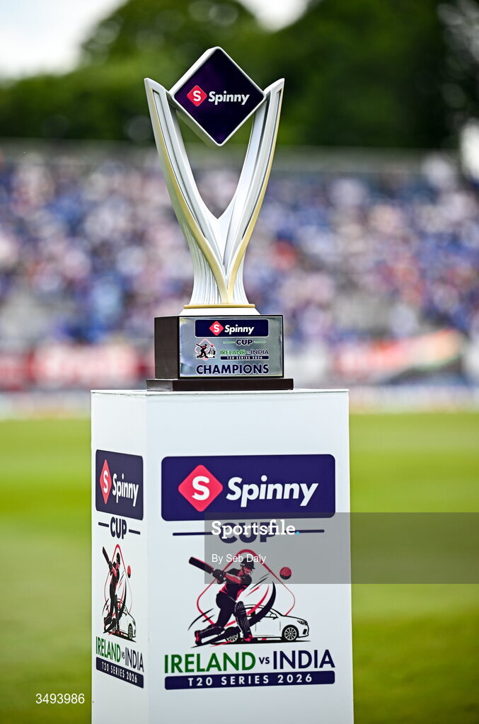 26 June 2026; A view of the Spinny Cup before match one of the Spinny Cup Men's T20 International series between Ireland and India at Stormont in Belfast. Photo by Seb Daly/Sportsfile