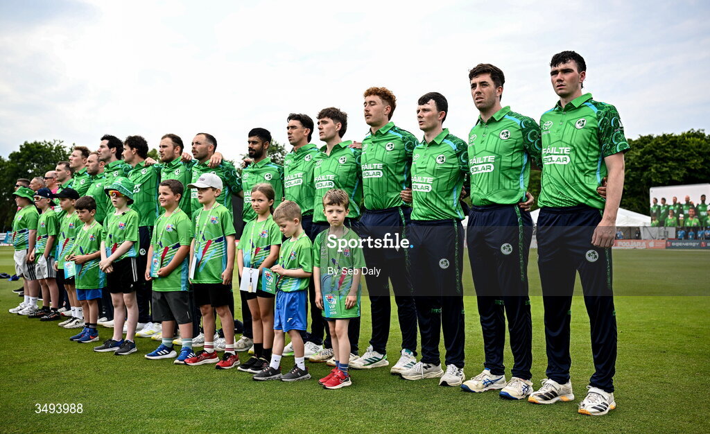 26 June 2026; Ireland players before match one of the Spinny Cup Men's T20 International series between Ireland and India at Stormont in Belfast. Photo by Seb Daly/Sportsfile