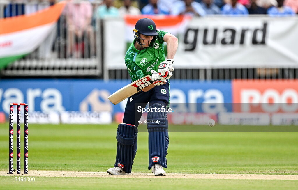 26 June 2026; Ireland batter Lorcan Tucker during match one of the Spinny Cup Men's T20 International series between Ireland and India at Stormont in Belfast. Photo by Seb Daly/Sportsfile