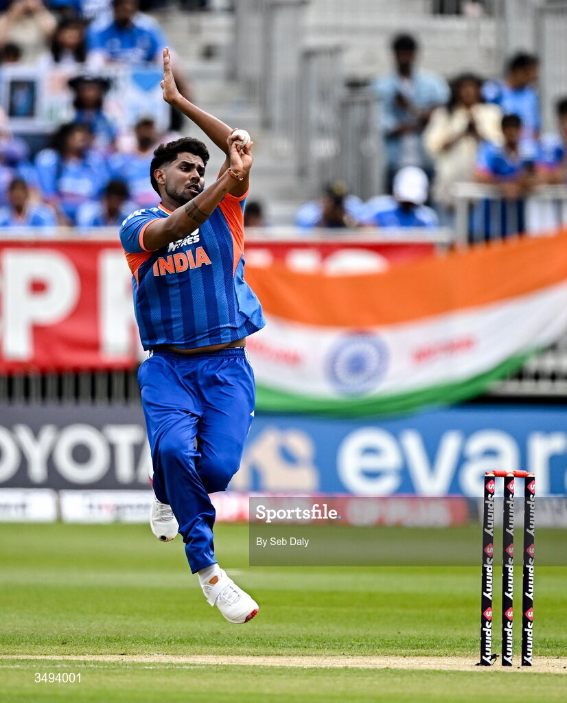 26 June 2026; India bowler Harshit Rana during match one of the Spinny Cup Men's T20 International series between Ireland and India at Stormont in Belfast. Photo by Seb Daly/Sportsfile