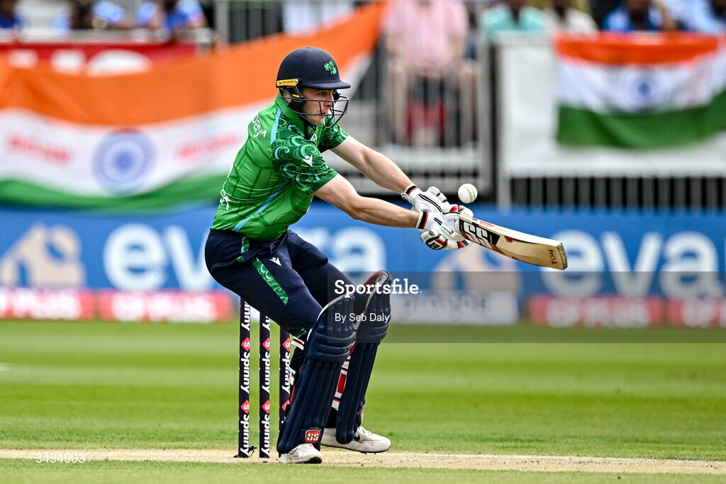 26 June 2026; Ireland batter Lorcan Tucker during match one of the Spinny Cup Men's T20 International series between Ireland and India at Stormont in Belfast. Photo by Seb Daly/Sportsfile