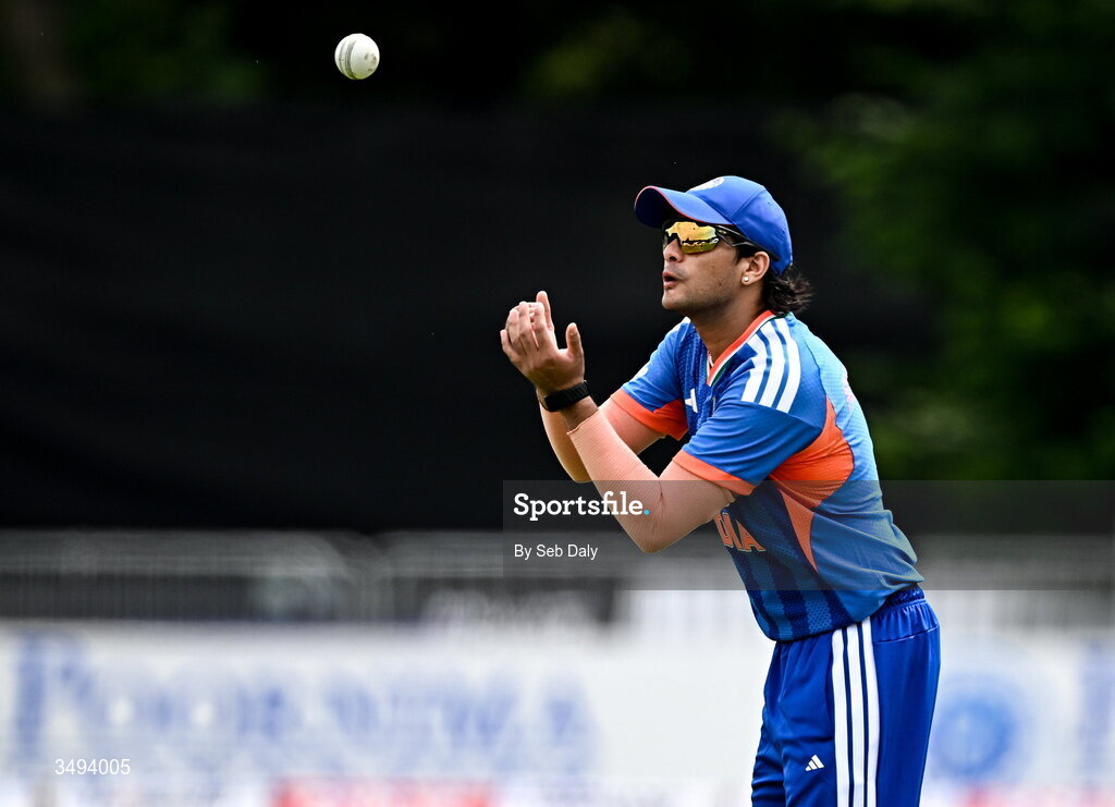 26 June 2026; Abhishek Sharma of India during match one of the Spinny Cup Men's T20 International series between Ireland and India at Stormont in Belfast. Photo by Seb Daly/Sportsfile