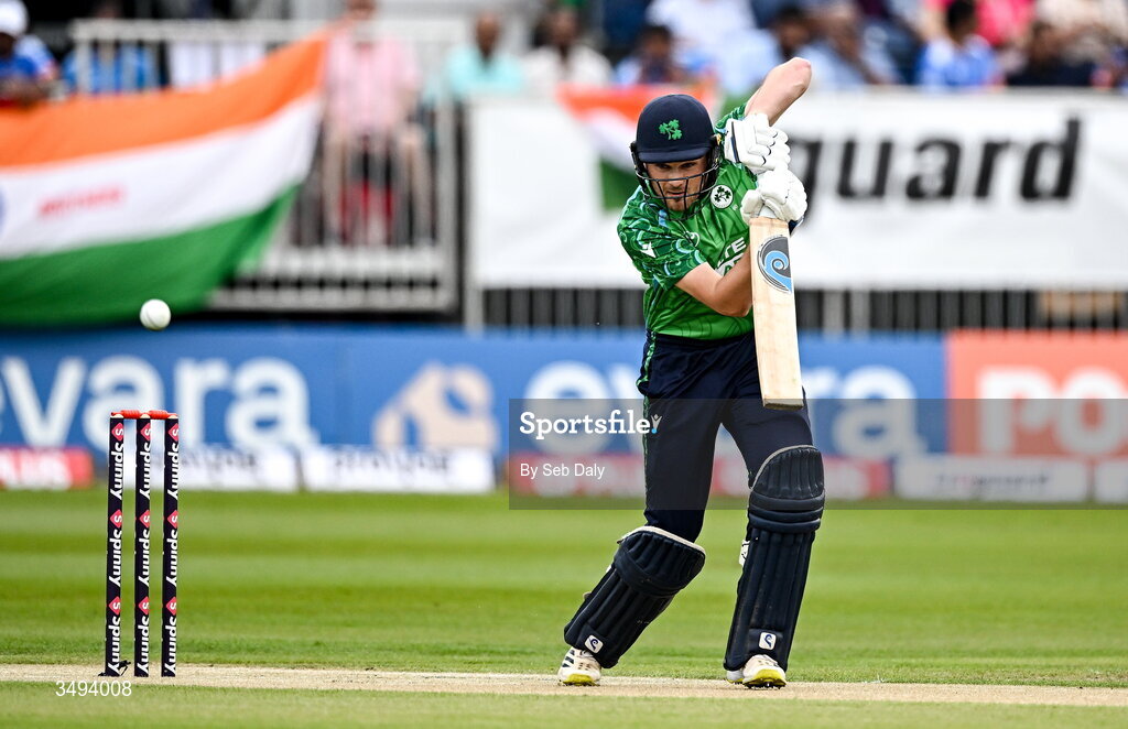 26 June 2026; Ireland batter Tim Tector during match one of the Spinny Cup Men's T20 International series between Ireland and India at Stormont in Belfast. Photo by Seb Daly/Sportsfile