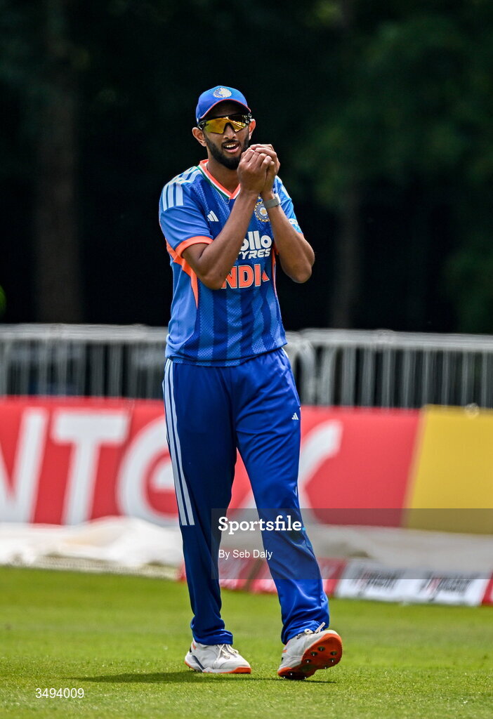 26 June 2026; India fielder Prasidh Krishna after taking the wicket of Ireland batter Ben Calitz during match one of the Spinny Cup Men's T20 International series between Ireland and India at Stormont in Belfast. Photo by Seb Daly/Sportsfile