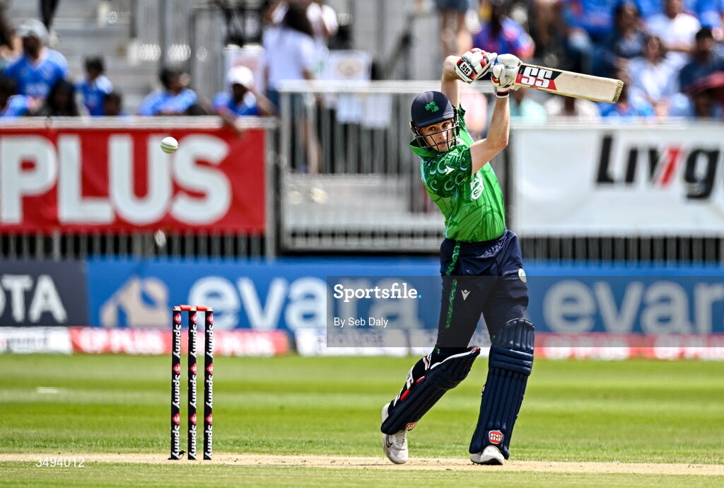 26 June 2026; Ireland batter Lorcan Tucker during match one of the Spinny Cup Men's T20 International series between Ireland and India at Stormont in Belfast. Photo by Seb Daly/Sportsfile