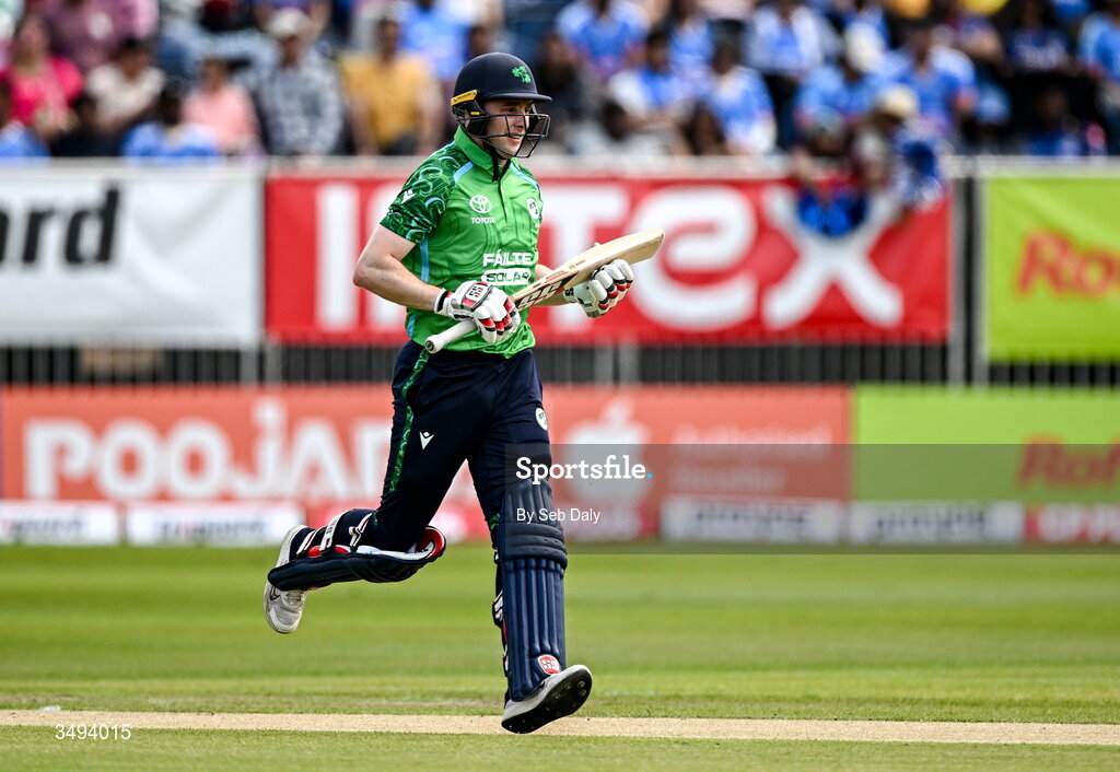 26 June 2026; Ireland batter Lorcan Tucker during match one of the Spinny Cup Men's T20 International series between Ireland and India at Stormont in Belfast. Photo by Seb Daly/Sportsfile