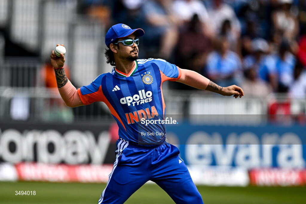 26 June 2026; Ishan Kishan of India fields the ball during match one of the Spinny Cup Men's T20 International series between Ireland and India at Stormont in Belfast. Photo by Seb Daly/Sportsfile