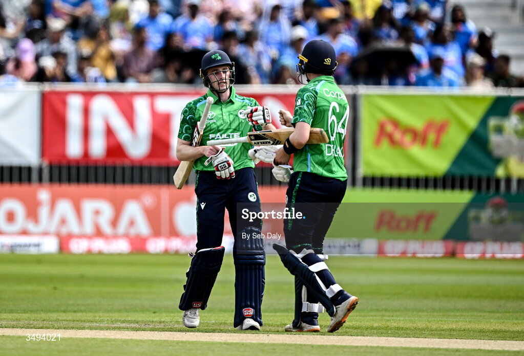 26 June 2026; Ireland batters Lorcan Tucker, left, and Gareth Delany during match one of the Spinny Cup Men's T20 International series between Ireland and India at Stormont in Belfast. Photo by Seb Daly/Sportsfile