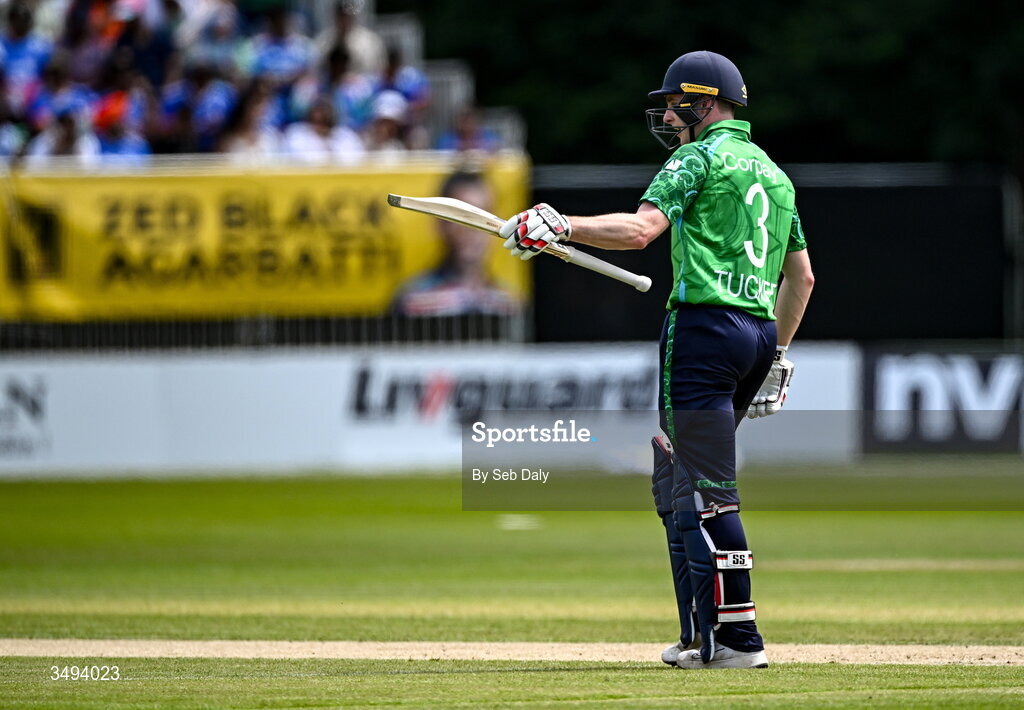 26 June 2026; Ireland batter Lorcan Tucker after scoring fifty runs during match one of the Spinny Cup Men's T20 International series between Ireland and India at Stormont in Belfast. Photo by Seb Daly/Sportsfile