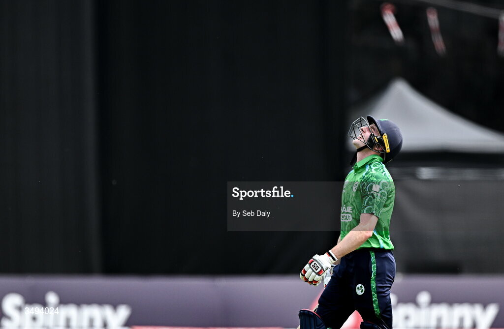 26 June 2026; Ireland batter Lorcan Tucker after being caught by India fielder Tilak Varma during match one of the Spinny Cup Men's T20 International series between Ireland and India at Stormont in Belfast. Photo by Seb Daly/Sportsfile