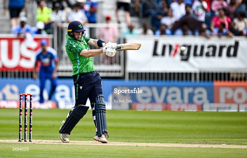 26 June 2026; Ireland batter Gareth Delany during match one of the Spinny Cup Men's T20 International series between Ireland and India at Stormont in Belfast. Photo by Seb Daly/Sportsfile