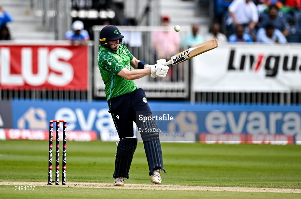 26 June 2026; Ireland batter Gareth Delany during match one of the Spinny Cup Men's T20 International series between Ireland and India at Stormont in Belfast. Photo by Seb Daly/Sportsfile