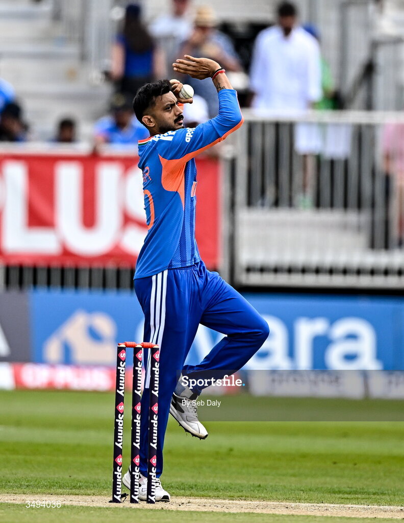 26 June 2026; India bowler Axar Patel during match one of the Spinny Cup Men's T20 International series between Ireland and India at Stormont in Belfast. Photo by Seb Daly/Sportsfile