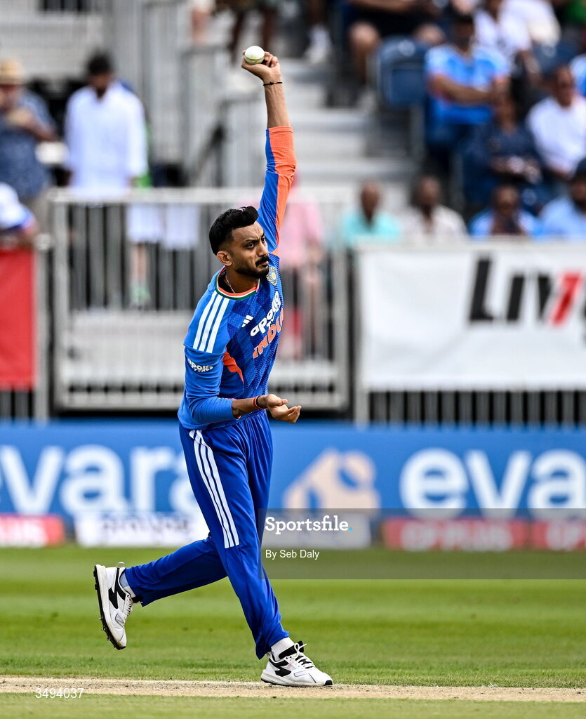 26 June 2026; India bowler Axar Patel during match one of the Spinny Cup Men's T20 International series between Ireland and India at Stormont in Belfast. Photo by Seb Daly/Sportsfile