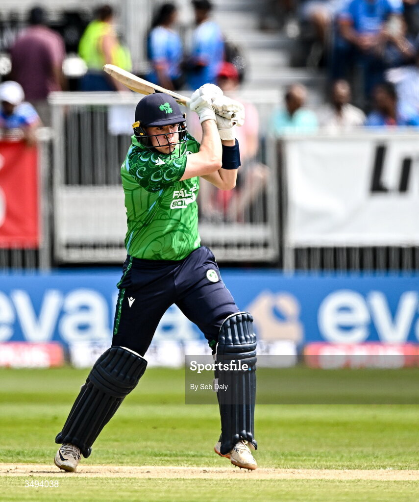 26 June 2026; Ireland batter Gareth Delany during match one of the Spinny Cup Men's T20 International series between Ireland and India at Stormont in Belfast. Photo by Seb Daly/Sportsfile