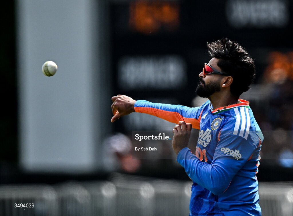 26 June 2026; India fielder Shreyas Iyer fields the ball during match one of the Spinny Cup Men's T20 International series between Ireland and India at Stormont in Belfast. Photo by Seb Daly/Sportsfile