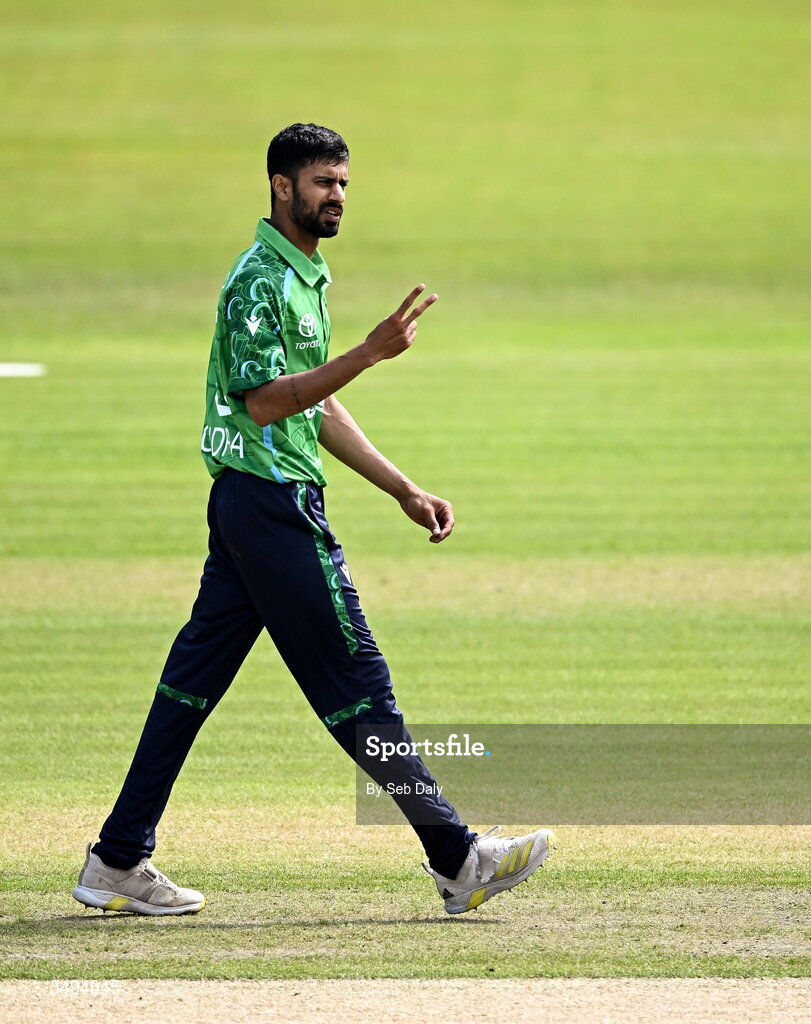 26 June 2026; Ireland bowler Jai Moondra during match one of the Spinny Cup Men's T20 International series between Ireland and India at Stormont in Belfast. Photo by Seb Daly/Sportsfile