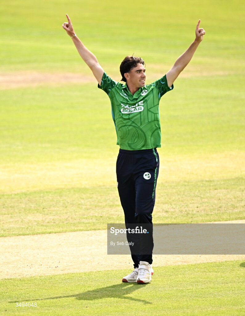 26 June 2026; Ireland bowler Matthew Hollard celebrates after taking the wicket of India batter Shreyas Iyer during match one of the Spinny Cup Men's T20 International series between Ireland and India at Stormont in Belfast. Photo by Seb Daly/Sportsfile