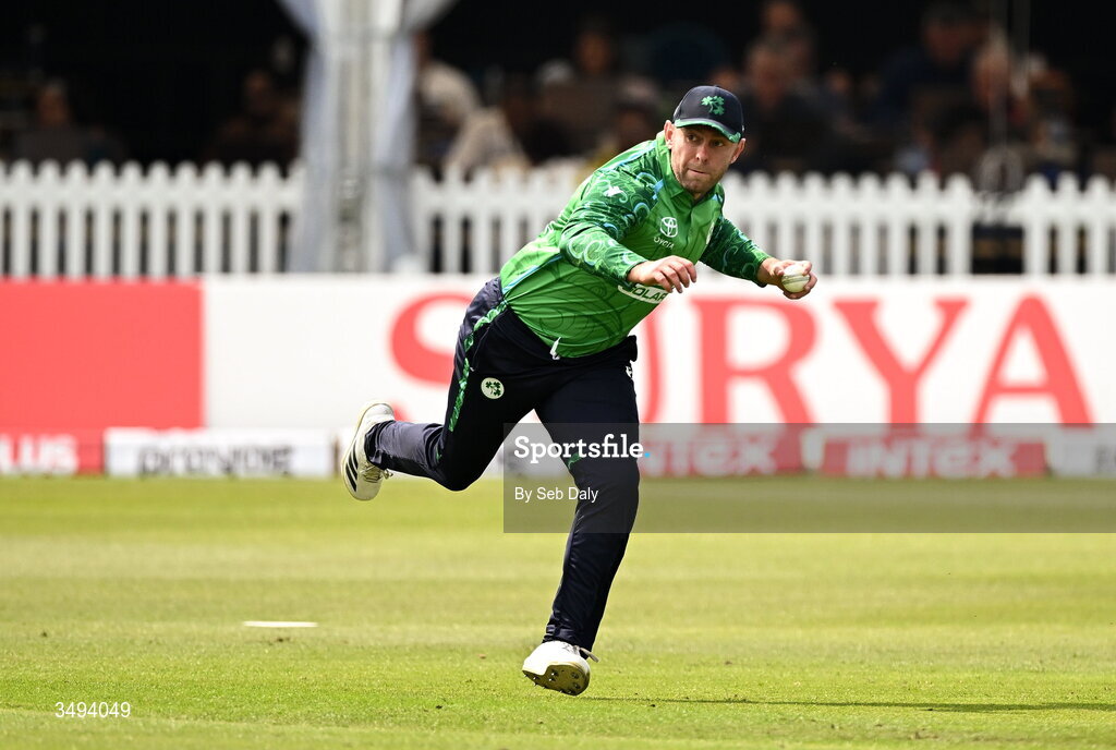 26 June 2026; Ireland fielder Ross Adair fields the ball during match one of the Spinny Cup Men's T20 International series between Ireland and India at Stormont in Belfast. Photo by Seb Daly/Sportsfile
