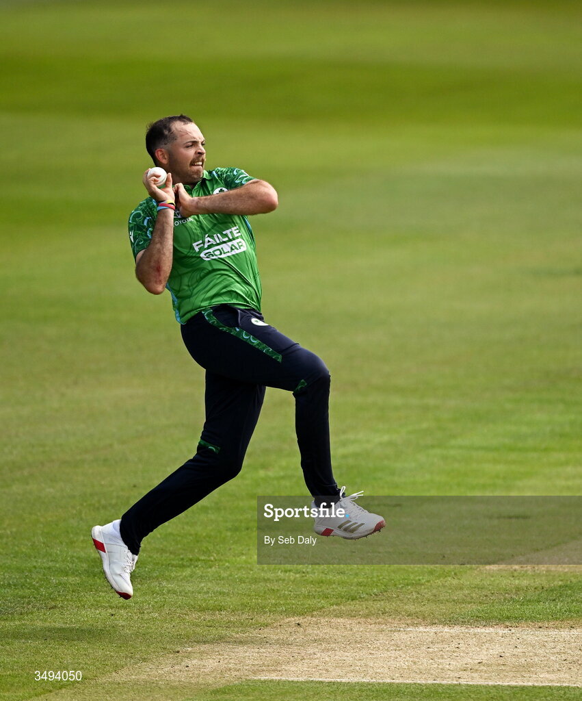 26 June 2026; Ireland bowler Liam McCarthy during match one of the Spinny Cup Men's T20 International series between Ireland and India at Stormont in Belfast. Photo by Seb Daly/Sportsfile