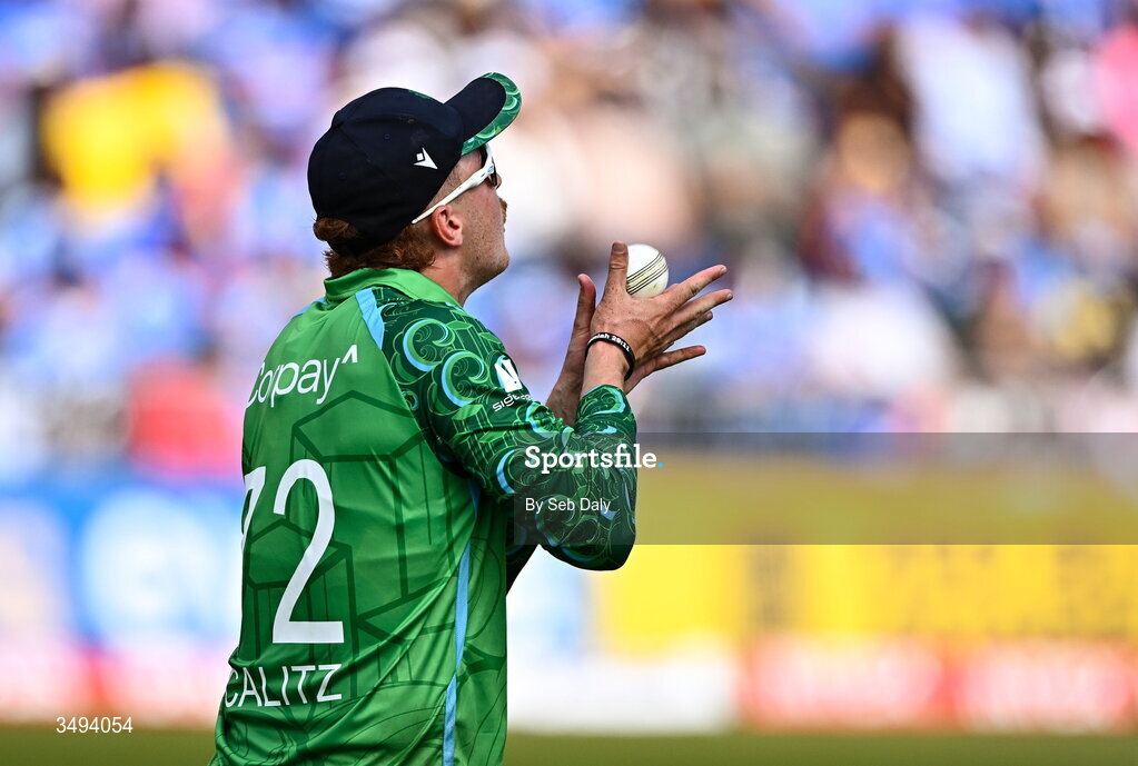 26 June 2026; Ireland fielder Ben Calitz takes the wicket of India batter Washington Sundar during match one of the Spinny Cup Men's T20 International series between Ireland and India at Stormont in Belfast. Photo by Seb Daly/Sportsfile