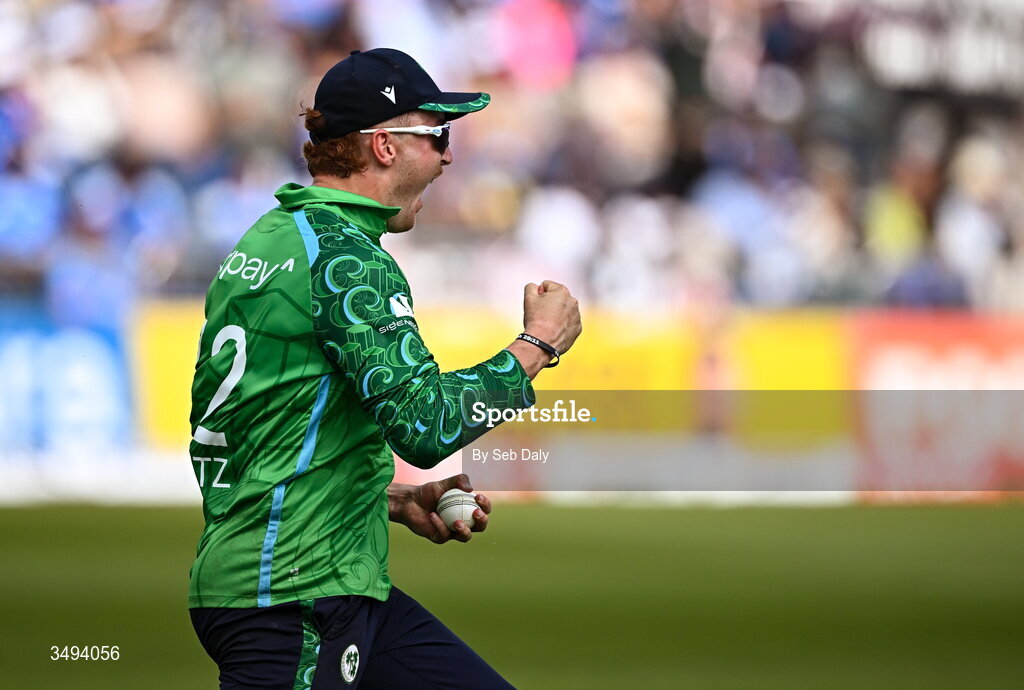 26 June 2026; Ireland fielder Ben Calitz celebrates after taking the wicket of India batter Washington Sundar during match one of the Spinny Cup Men's T20 International series between Ireland and India at Stormont in Belfast. Photo by Seb Daly/Sportsfile