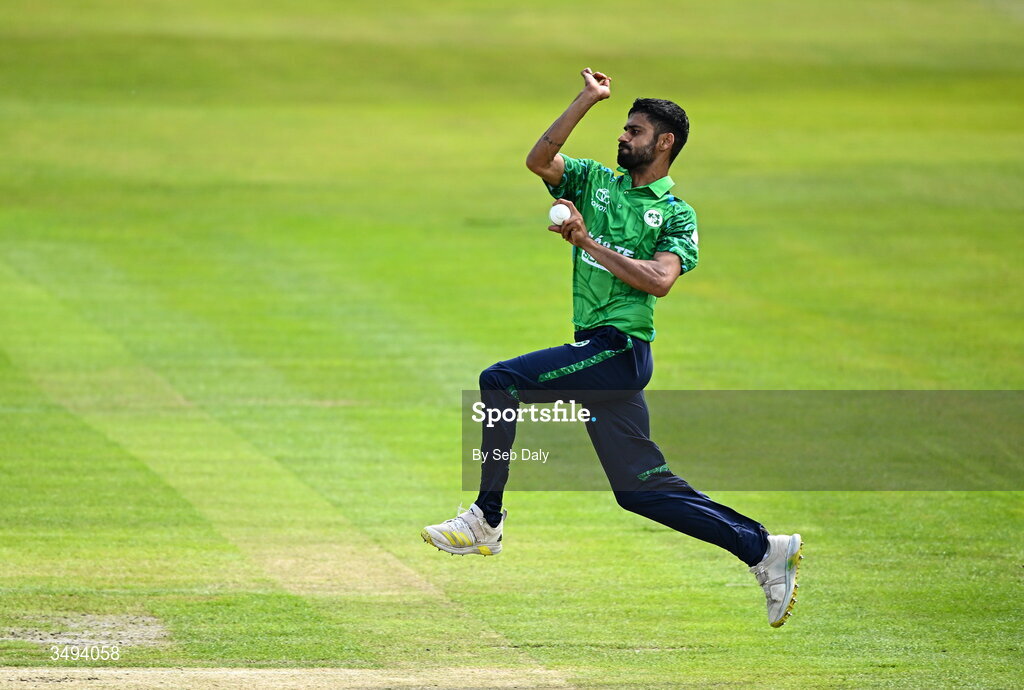 26 June 2026; Ireland bowler Jai Moondra during match one of the Spinny Cup Men's T20 International series between Ireland and India at Stormont in Belfast. Photo by Seb Daly/Sportsfile